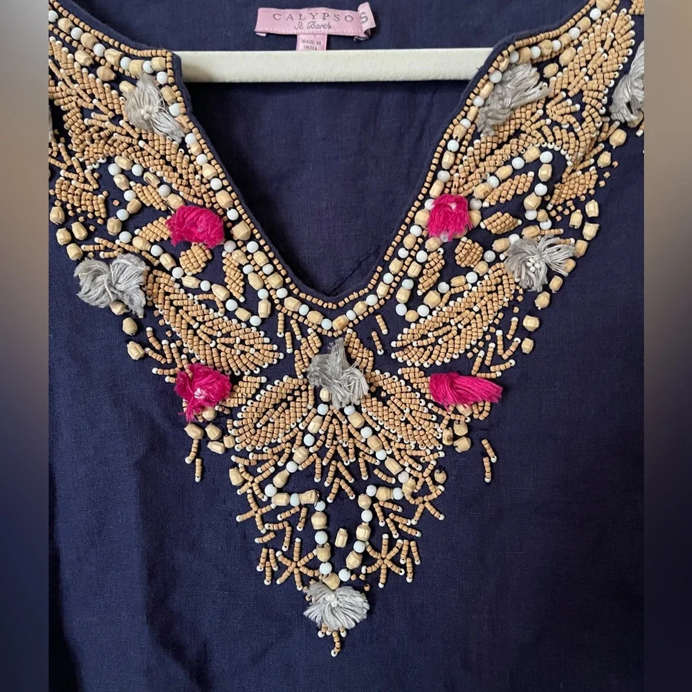 Calypso St. Barth Navy Blue Linen Wood Beaded Embroidered Tunic Top s‎ - Picture 8 of 10